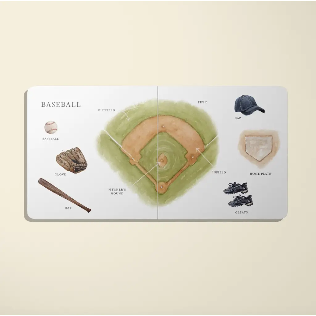 Open big book of sports with baseball terms and equipment for speech therapy fun