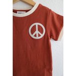 Rust Peace Embroidered Ringer Tee for Kids featuring a cool white peace symbol