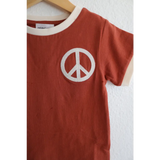 Rust Peace Embroidered Ringer Tee for Kids featuring a cool white peace symbol