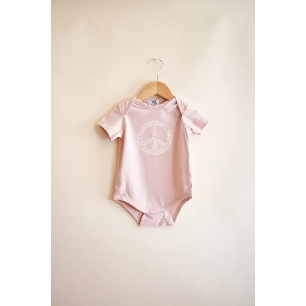 Pink Peace Floral Organic Cotton Baby Onesie with cute panda design on hanger