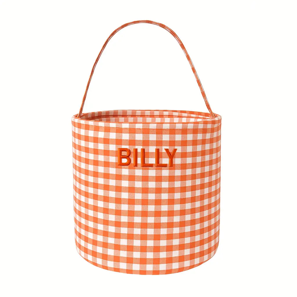 Orange and white gingham fabric bucket with handle for personalized Boo Basket, perfect for stylish womens clothes and clothes for moms