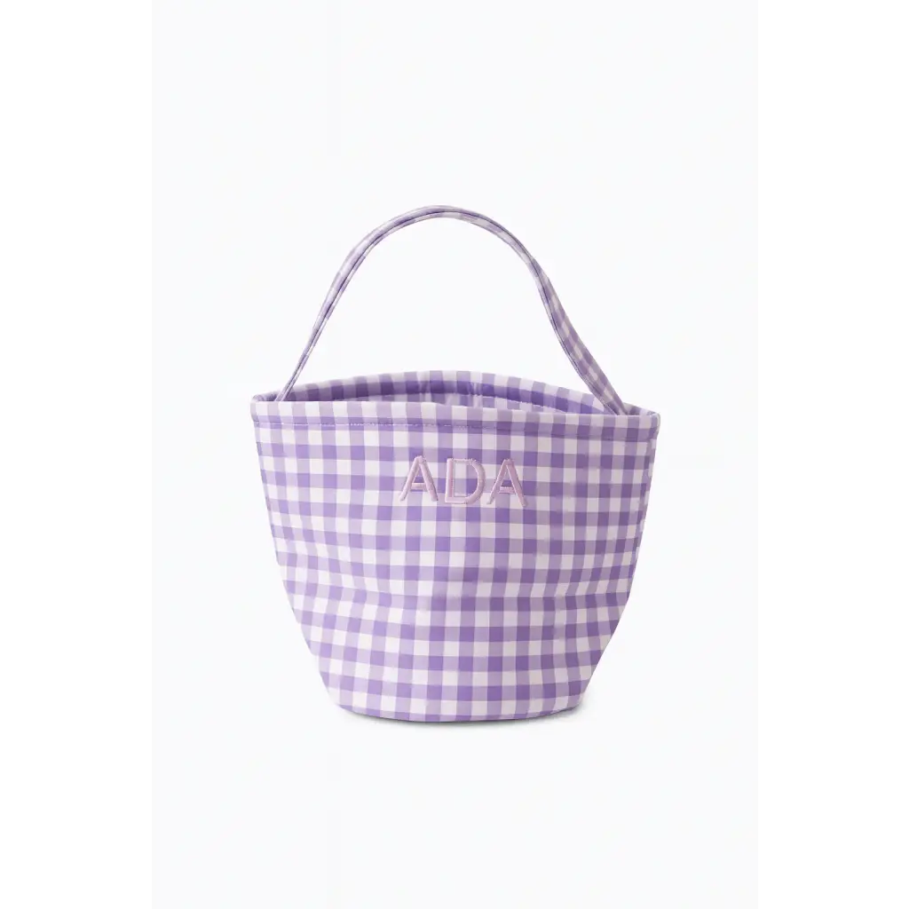 Purple and white gingham boo baskets bucket bag with top handle for stylish womens clothes