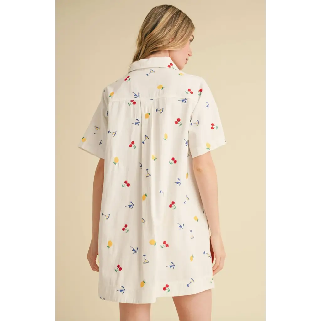 Colorful fruit and cocktail print on Picnic Dreams Collared Mini Dress, perfect for summer