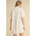 Colorful fruit and cocktail print on Picnic Dreams Collared Mini Dress, perfect for summer