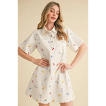 White collared mini dress with colorful cherry lemon and cocktail glass embroidery