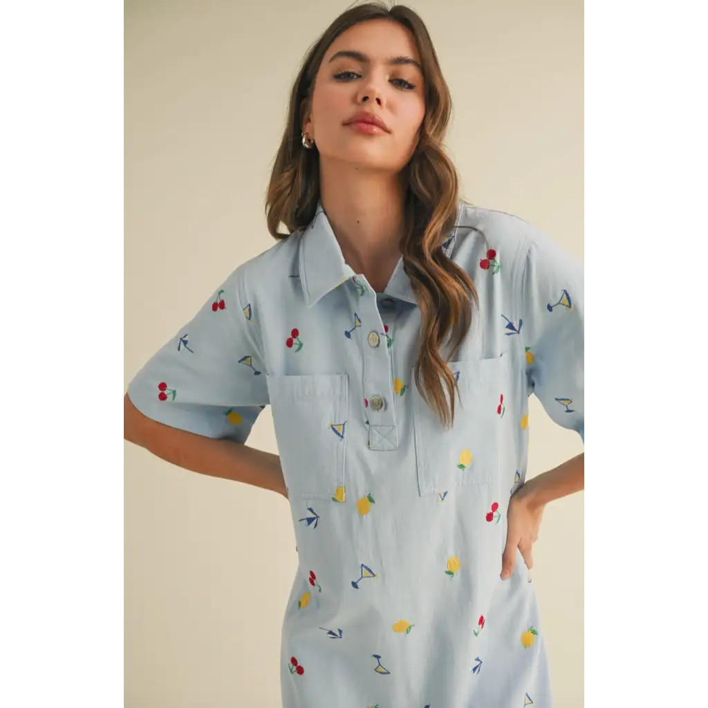 Light blue collared mini dress with colorful fruit and cocktail glass embroidery