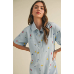 Light blue collared mini dress with colorful fruit and cocktail glass embroidery