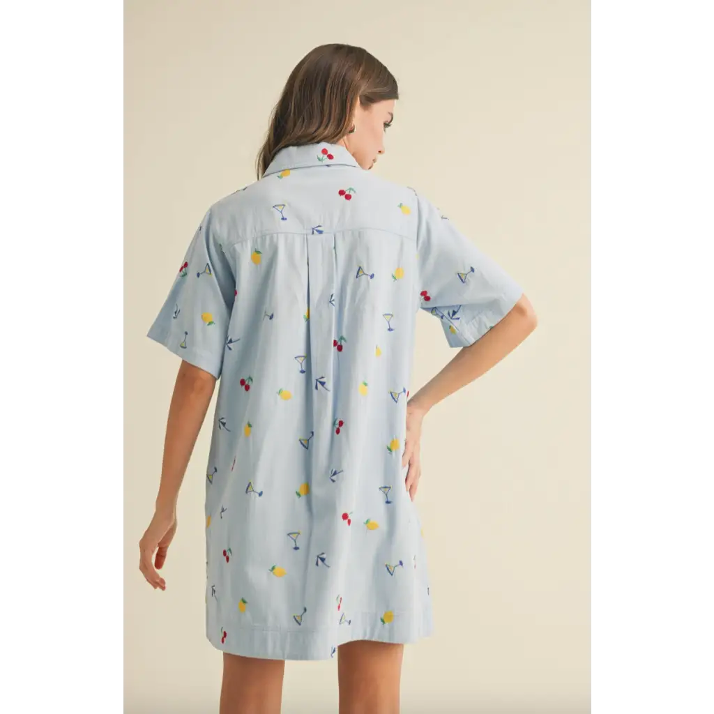 Light blue collared mini dress with fruit and cocktail glass pattern for Picnic Dreams