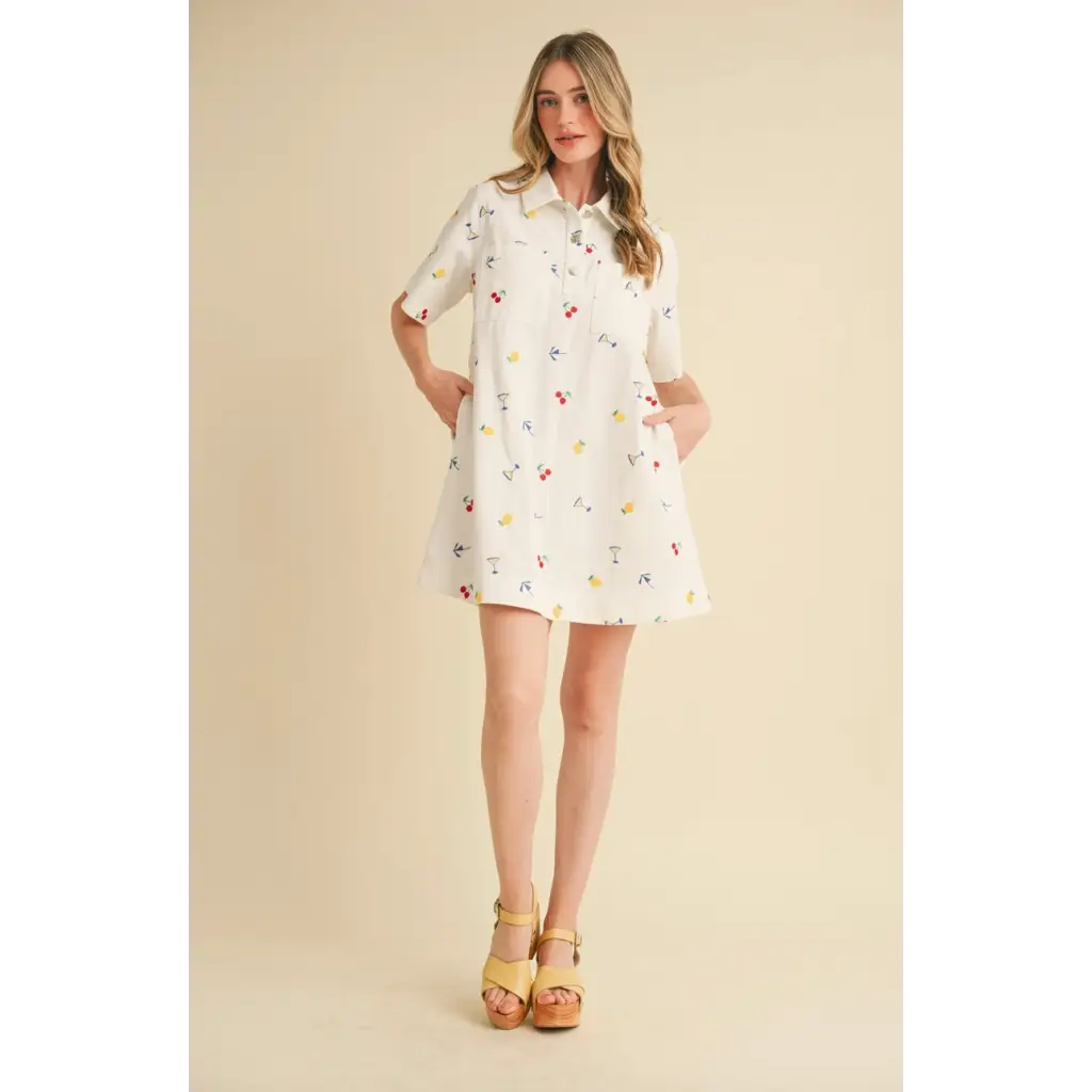 White collared mini dress with colorful fruit patterns from Picnic Dreams collection