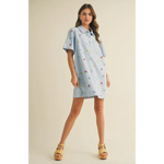 Light blue collared mini dress with colorful cherry embroidery, perfect for summer picnics