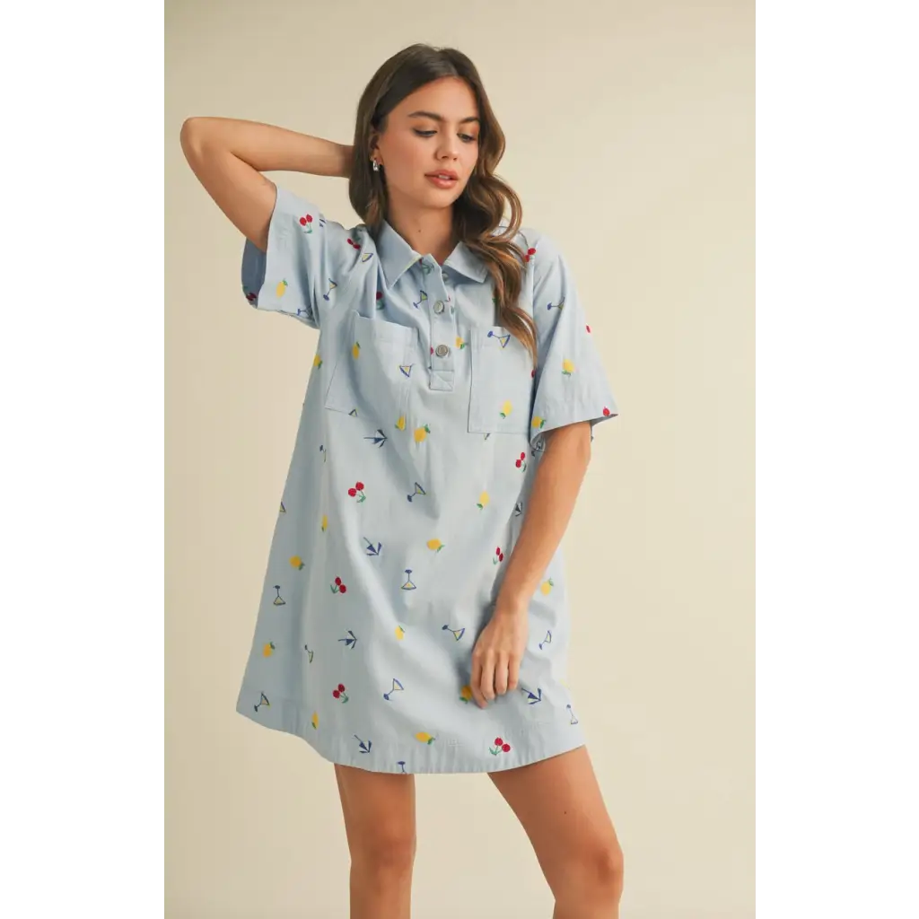 Light blue collared mini dress with fruit embroidery from Picnic Dreams collection