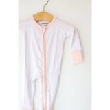 White baby onesie with pink trim in Pink Striped Bamboo Baby Sleeper perfect for comfy bamboo baby comfort