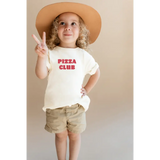 Child wearing Pizza Club Kids Graphic T-Shirt with classic crew neck and red lettering