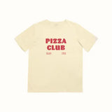 Cream-colored Pizza Club Kids Graphic T-Shirt with classic crew neck and red lettering