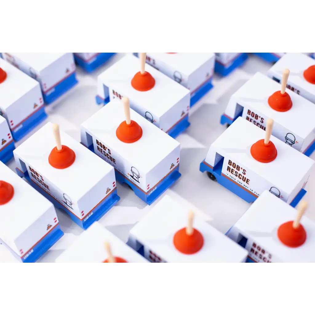 Colorful White and Blue Boxes with Orange Balls on Bob’s Plumbing Van Toy in Solid Beech Wood