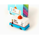 Toy delivery truck with Bob’s Rescue branding on Bob’s Plumbing Van in solid beech wood