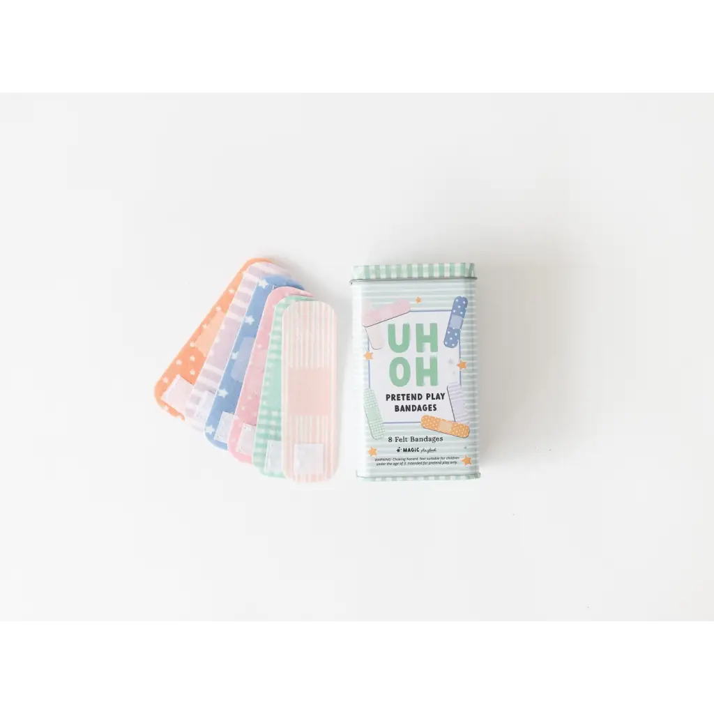 Pastel-colored felt bandages and a first aid packet for fun pretend play adventures