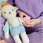 White plush teddy bear in blue overalls for pretend play with Mint Green Felt Bandages