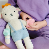White plush teddy bear in blue overalls for pretend play with Mint Green Felt Bandages