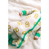 Baby sleeper with yellow pretzel prints and green trim from Pretzel Party Bamboo collection