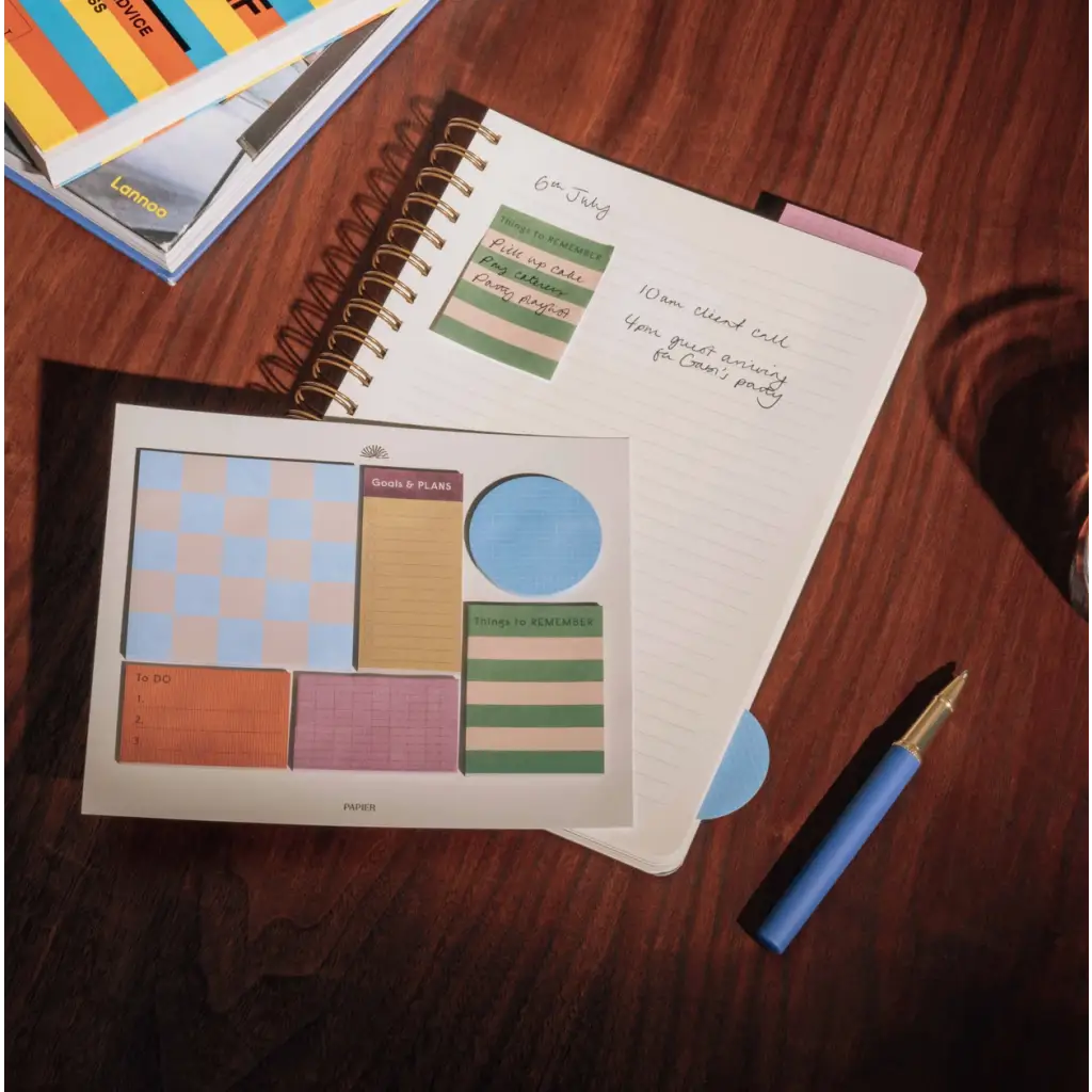 Printed Sticky Notes Set of 6 with notebook and pen, perfect for office supplies