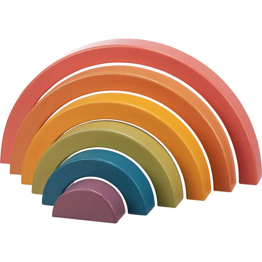 Colorful rainbow nesting puzzle with seven arch-shaped wooden stacking toys for kids
