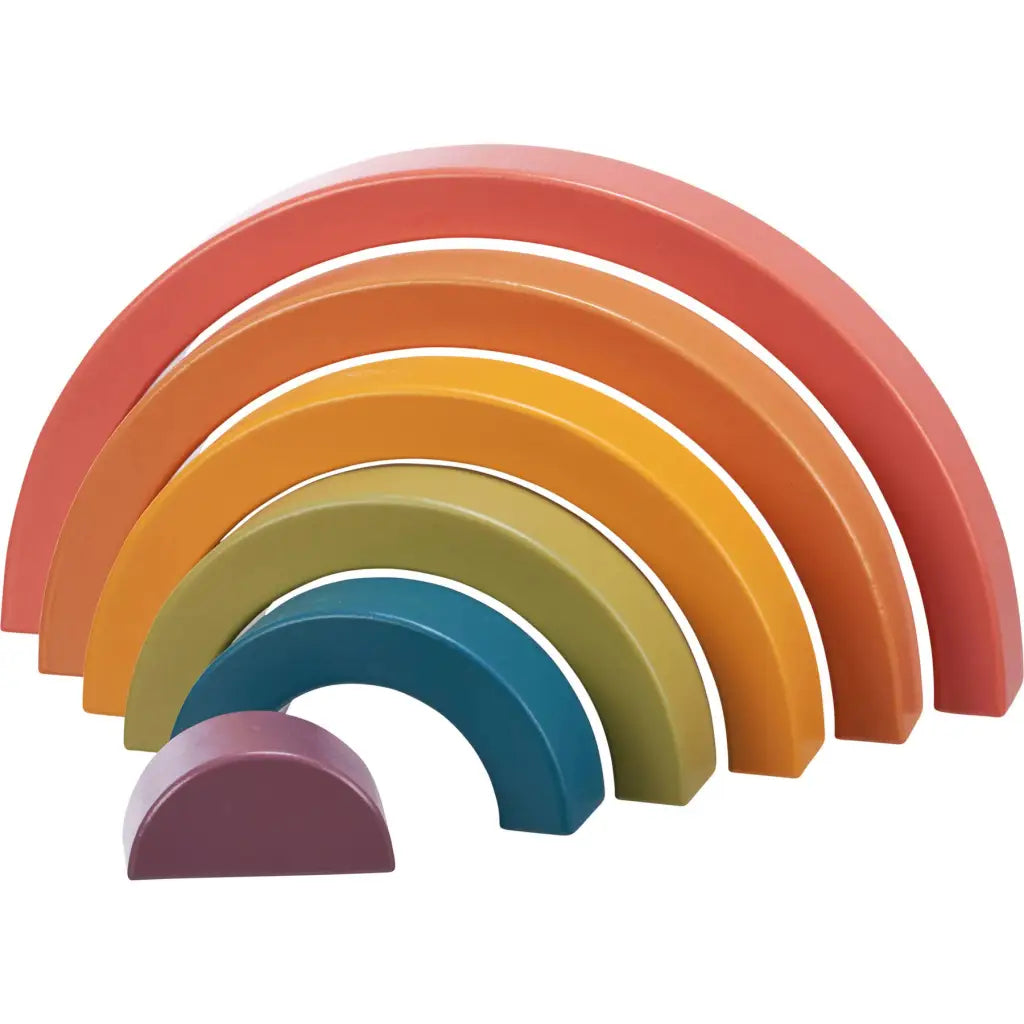 Colorful rainbow nesting puzzle with seven arch-shaped wooden stacking pieces for kids