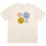 Beige Random Acts of Kindness Kids Graphic T-Shirt with smiley faces in fade-resistant inks