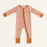 Infant’s red gingham bamboo baby sleeper with zippered footless design