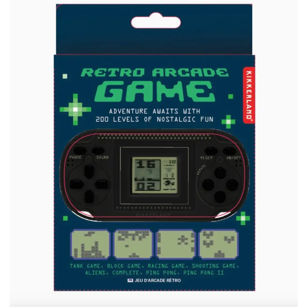 Retro arcade game packaging showing polished prints for Retro Handheld Arcade Game