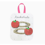 Two Rosy Red Glitter Apple Hair Clips on a Rockahula card with gold bases