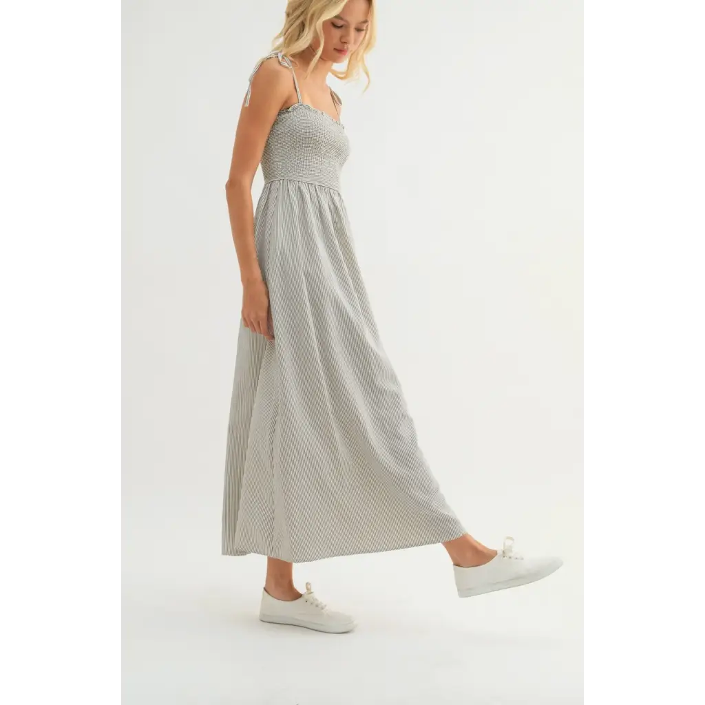 Sarah Striped Self Tie Shoulder Straps Maxi Dress featuring stylish tie shoulder straps