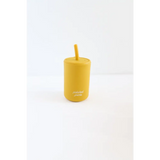 Yellow reusable silicone straw cup perfect for kids with a fun mini straw