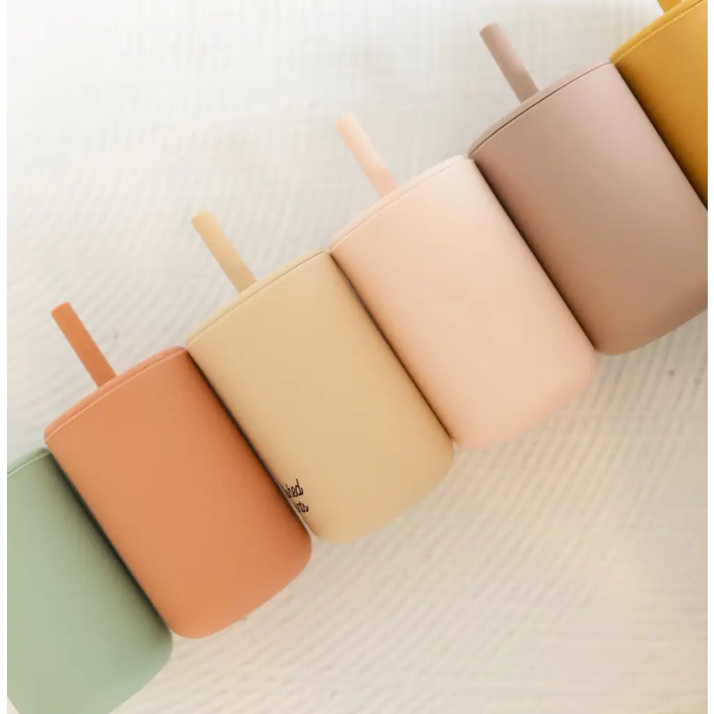 Pastel Mini Silicone Straw Cups for Kids with wooden sticks in soft colors