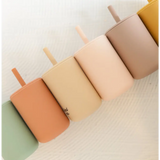 Pastel Mini Silicone Straw Cups for Kids with wooden sticks in soft colors