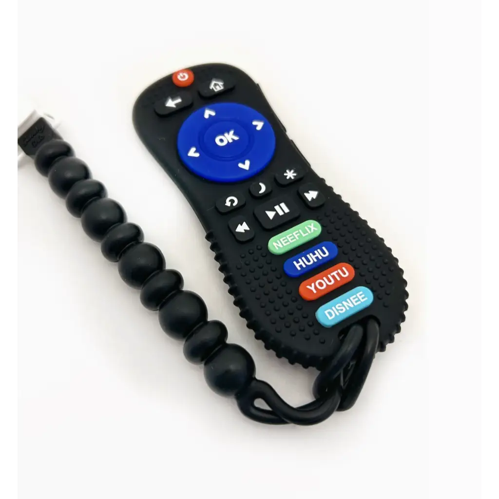 Black remote control silicone teether with colorful buttons for a perfect distraction