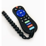 Black remote control silicone teether with colorful buttons for a perfect distraction