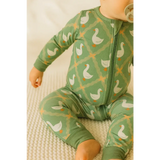 Green baby sleeper with white goose and trellis pattern in Silly Goose Bamboo Baby Sleeper