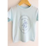 Light blue softest graphic t-shirt featuring a circular horse and rider logo design