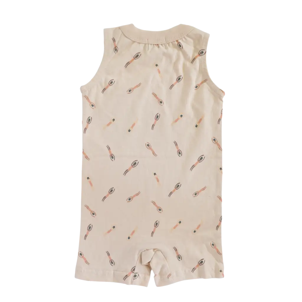 Sleeveless beige baby romper with feather print for the ultimate summer vibe