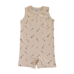 Beige sleeveless pocket playsuit with surfboard print for an ultimate summer vibe