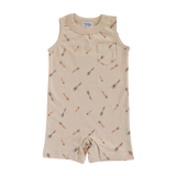 Beige sleeveless pocket playsuit with surfboard print for an ultimate summer vibe