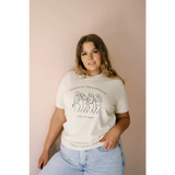 White relaxed tee shirt with minimalist dancing figures for sisterhood vibes