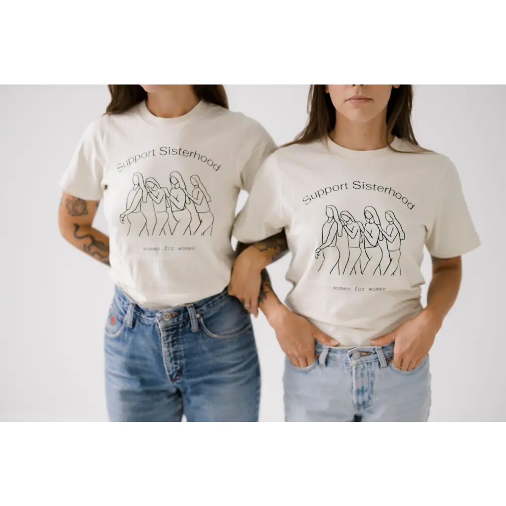 White relaxed tee shirt with line drawings of dancing women and Support Sisterhood text