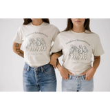White relaxed tee shirt with line drawings of dancing women and Support Sisterhood text