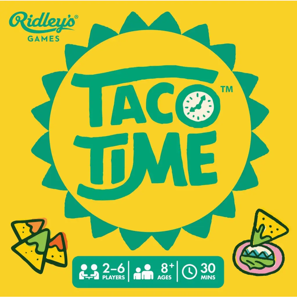 Yellow and teal Taco Time board game box with polished prints for the Spec-Taco-lar Game