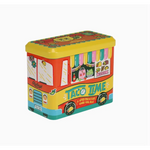 Colorful yellow and orange bus tin for Taco Time with the Spec-taco-lar Game storage