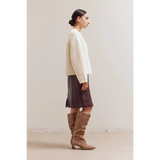 Cozy Betsy Crew Knit sweater with brown leather skirt and boots