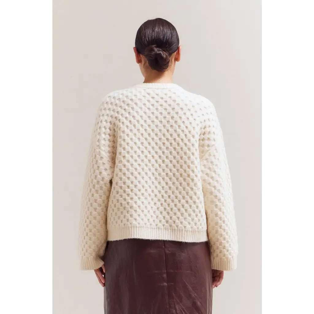 Cream textured Betsy Crew Knit sweater with ribbed neckline