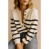 White and navy striped knit cardigan with brown buttons, perfect for Signs Camp peace signs